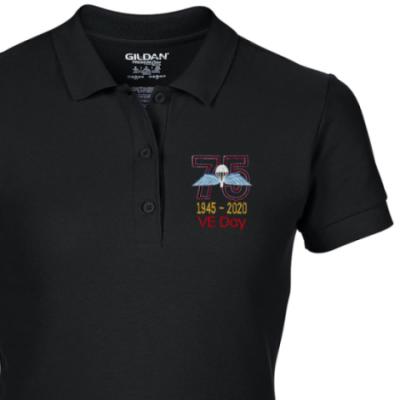 Lady's Polo Shirt - Black - VE Day 75th (Jump Wings)