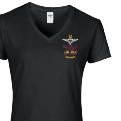 Lady's V-Neck T-Shirt - Black - Ardennes 75th (Para)