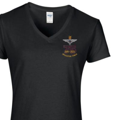 Lady's V-Neck T-Shirt - Black - Operation Tonga 75th (Para)