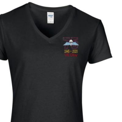 Lady's V-Neck T-Shirt - Black - VE Day 75th (Jump Wings)
